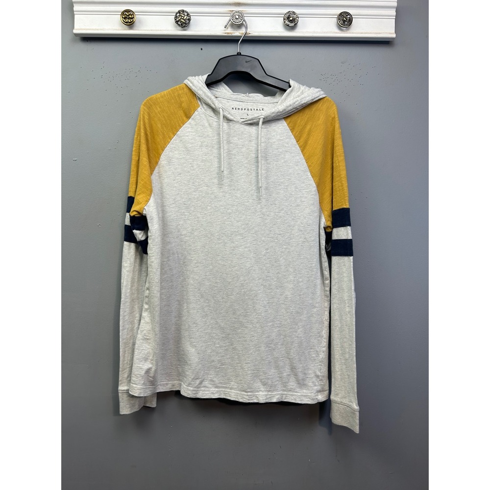 Aeropostale Hooded Tee Men L Grey Yellow Raglan Stripe Long Sleeve Cotton Hoodie